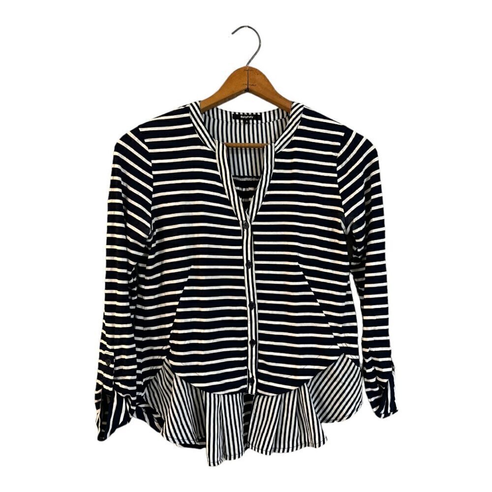 Roly Poly Stripe Top Ruffle Hem Cotton Blend Size Small Button Front